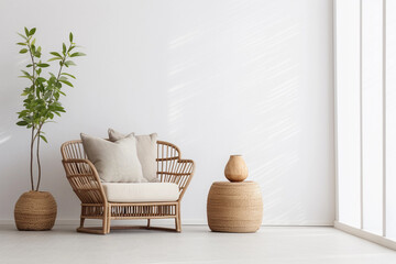 Wall Mural - Empty white wall mockup in boho room interior with wicker armchair. Beige pot with plants and coffee table. Natural daylight from a window. Promotion background. Generative AI.