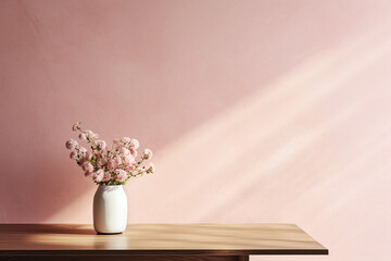 Wall Mural - Textured blush pink wall copy space. Monochrome empty room with minimalist vase with flowers and table. Wall scene mockup product for showcase, Promotion background.