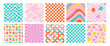 Groovy seamless patterns with funny daisy, wave, chess, mesh, and rainbow. Set of vector backgrounds in trendy retro trippy y2k style. Happy bright colors. Fun hippie texture for surface design.