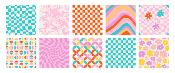 Wall Mural - Groovy seamless patterns with funny daisy, wave, chess, mesh, and rainbow. Set of vector backgrounds in trendy retro trippy y2k style. Happy bright colors. Fun hippie texture for surface design.