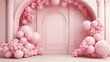 © DELstudio - Generative AI, arch of pink balloons. Birthday party for girl 3d background, shower. Mockup, template for greetiing card.