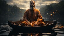 A Buddhist Monk In A Lotus Position Sits And Meditates In A Boat Of The Holy Lake, A Man In A Kimono Concentrates Zen. Made In AI