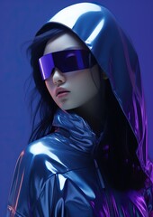 Wall Mural - Futuristic chrome neon glowing  fashionable woman stands outdoors, confidently wearing a sparkling blue jacket and sunglasses that accentuate her free-spirited style against the endless sky