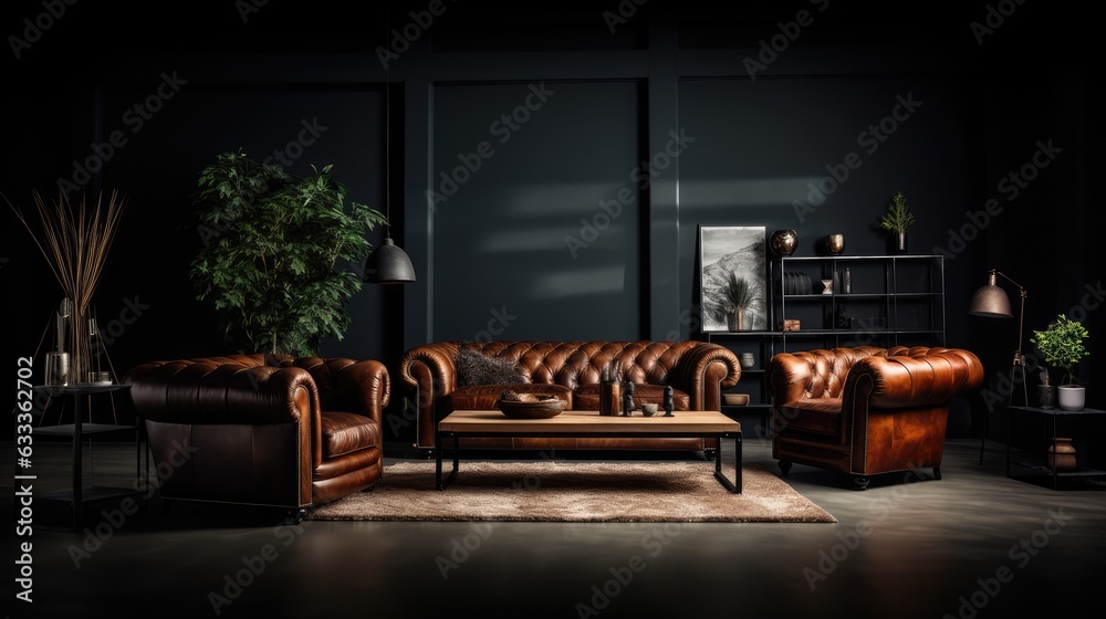 large living room with modern interior design with leather sofas and ...