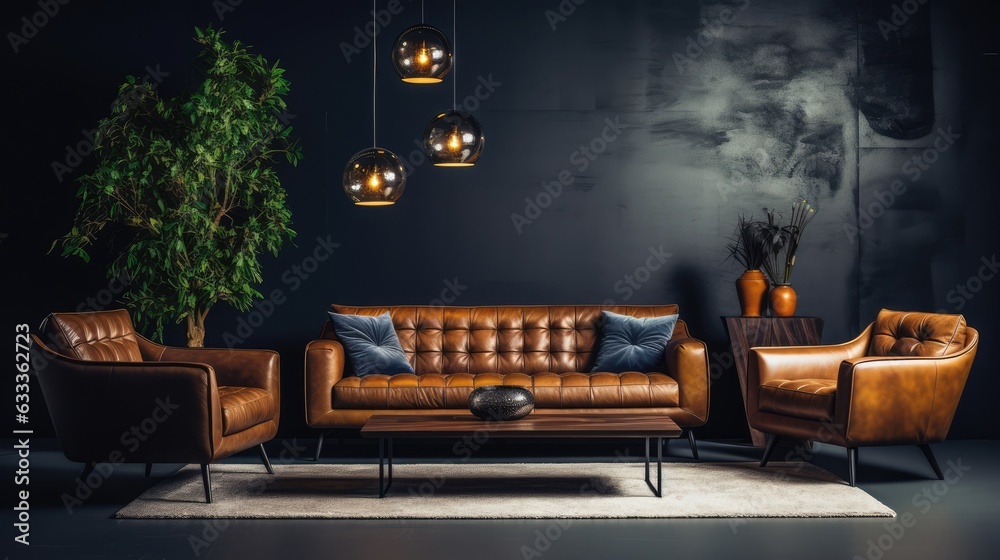 large living room with modern interior design with leather sofas and ...