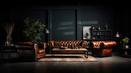 large living room with modern interior design with leather sofas and chairs for home against the background of a dark classic wall,  Generative AI