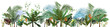 Border with tropical plants. Set of green leaves from coconut palm, banana tree, monstera, bamboo, dracaena on white background. Panoramic view, realistic botanical illustration in watercolor style