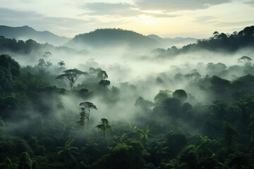 Wall Mural - Rainforest conservation scene, a foggy landscape urging action