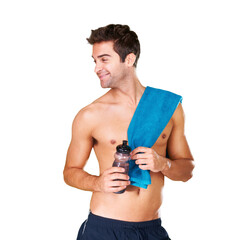 Canvas Print - Fitness, health and wellness for man with water after the gym for hydration after exercise. Sport, person or athlete with drink after a workout or cardio idea isolated on a transparent png background