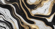 Abstract Marbled Background Banner Panorama - Luxurious Elegant Black White Marble Stone Texture, With Gold Details, Seamless Pattern