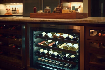 Wine fridge in kitchen, special refrigerator, temperature-controlled appliance meant to store wine bottles and chill wine at home. Cooling and preserving wine at home concept. Generative AI Technology