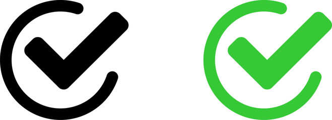 Poster - Round Yes or Right or Approved Accepted Confirmed Icon Sign Set with Checkmark Tick in Black and Green Circle. Vector Image.