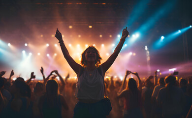 Wall Mural - A party and a festival, a crowd of dancing people, a concert, a bass disco, a rave party, a smiling girl with her hands up in the center