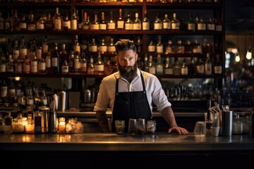 Wall Mural - Bartender working at counter on bar space.