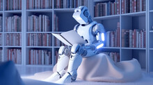 AI Robot Reading Book In Library. Artificial Intelligence, Machine Learning, Innovation, Futuristic Technology Concept.