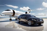 "Luxury Skyline: A captivating scene of opulence with a sleek car and private jet, side by side on the runway.