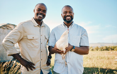 Wall Mural - Portrait, chicken and a happy farmer team in the agriculture industry for sustainability or free range farming, Smile, poultry farm and a black man with his partner on a agricultural field in summer