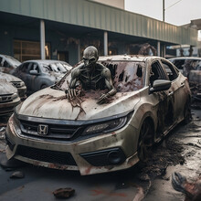 Zombies Coming Out From Front Screen Of A Destroyed Car Created With Generative Ai
