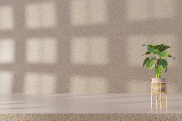 Wall Mural - Abstract 3d render minimal scene podium backgroud. Light shines from the windows and vase is on the terrazzo floor for product display, advertising, mockup or etc