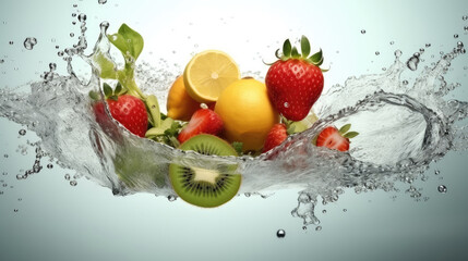 Poster - Splash of health, vibrant fruits and vegetables in refreshing water.