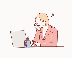 Wall Mural - attractive mature businesswoman working on laptop in her workstation. hand drawn style vector design