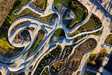 Aerial View Of Chicago's Maggie Daley Park - Capturing The Serpentine Trails And Spectacular Sculptures In Stunning Detail: Generative AI