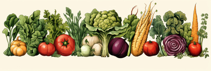 Happy healthy vegetables in a row Cartoon vegetable characters.