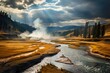 Scenic Beauty of Yellowstone National Park: Majestic Buffalo by the River: Generative AI
