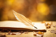 An Old-fashioned Quill Pen Rests On A Vintage Page In Autumn Forest, Evoking Nostalgia And Literature Themes. 