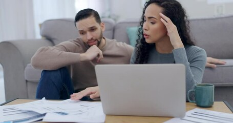 Poster - Anxiety, laptop and finance with a couple stressed about accounting during depression in the economy. Computer, worry or financial crisis with a man and woman problem solving investment or savings