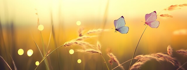 Wall Mural - Abstract autumn field landscape at sunset with soft focus. dry ears of grass in the meadow and a flying butterfly