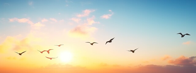 abstract beautiful peaceful summer morning sky background, sunrise new day and flying flock of birds