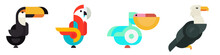 Set Abstract Geometric Birds In Modern Fashion Minimal Art Style. Toucan, Parrot, Pelican, Eagle. Cartoon Bright Concept Design. Decorative Bauhaus Composition. Creative Vector Flat Illustration.