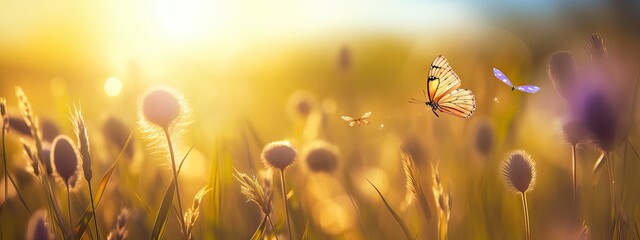 Wall Mural - Abstract summer autumn field landscape at sunset with soft focus. dry ears of grass in the meadow and a flying butterfly, warm golden hour of sunset, sunrise time. Calm autumn nature forest background