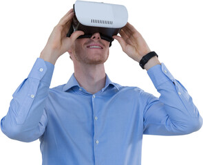 Poster - Digital png photo of happy caucasian businessman using vr glasses on transparent background