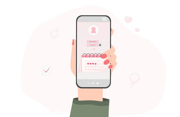 Mobile app with personal period calendar, calendar for menstruation control and pregnancy planning, holding mobile phone scheduling period with marked days, women cycle tracker, vector illustration