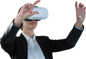 Poster - Digital png photo of happy caucasian businesswoman using vr glasses on transparent background