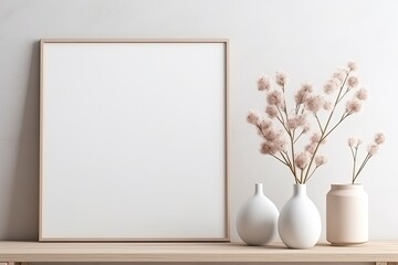 Sticker - Modern scandinavian room with mock up frame, wooden console, rings on the wall, flowers in vase. Interior design.