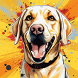 Ai-generated pet portrait of a labrador dog with a smiley face and abstract yellow background.