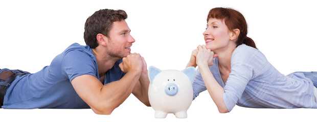 Poster - Digital png photo of happy caucasian couple with piggy bank on transparent background