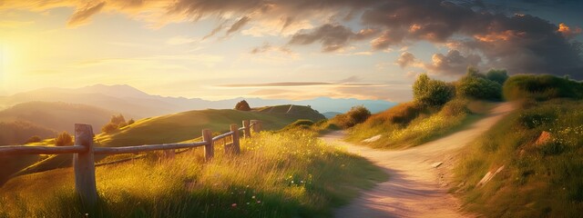 Wall Mural - Art Beautiful mountainous rural landscape, mountainous landscape panorama with dirt road and cloudy sky at sunset. backlight sunlight