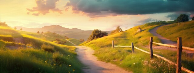 Wall Mural - Art Beautiful mountainous rural landscape, mountainous landscape panorama with dirt road and cloudy sky at sunset. backlight sunlight