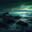 Northern lights background appearing on seaside landscape. Generative AI