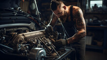 Handsome Mechanic With Beard And Tattoos Working On Vintage Car In A Garage Workshop