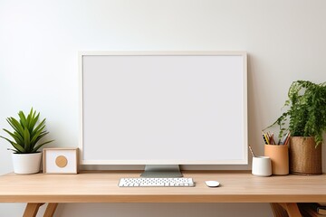 Poster - A workspace is depicted with a computer that has a blank white screen in a mockup. Additional office supplies are seen on a wooden desk.