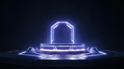 Poster - Cyberpunk product podium platform studio with blue