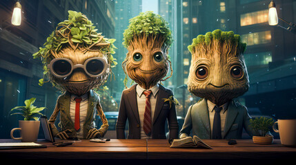 Three tree fantasy imaginary office friends, AI Generated