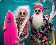 Mature Couple Smiling And Enjoying At Their Holiday. Satisfied Posing With Surfboard And Wearing Summer Tropical Floral Clothes. Seniors In Adventure Like A Young People.