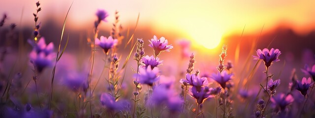 Wall Mural - Art Wild flowers in a meadow at sunset. Macro image, shallow depth of field. Abstract august summer nature background