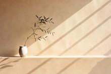 A Contemporary And Simple Summer Image Featuring The Silhouette Of An Olive Tree Branch Bathed In Sunlight. The Long Shadows Cast By The Branch Create Interesting Patterns On A Beige Wall Background